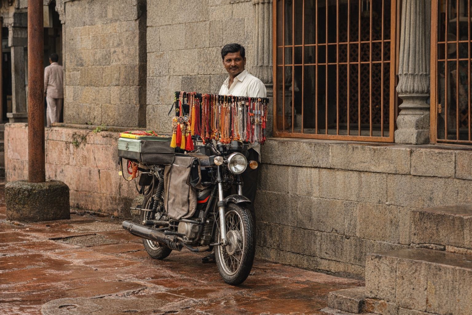 En gatuförsäljare säljer handgjorda smycken och halsband från sin motorcykel.